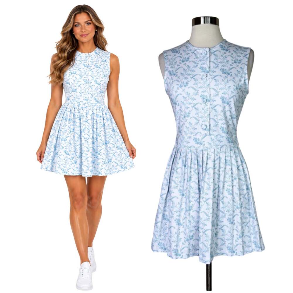 Byrdie Golf | P-Town Blue White Floral Print Sleeveless Button Pleated Dress XS